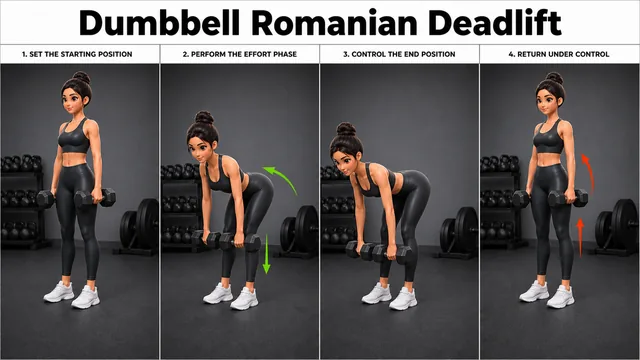 Dumbbell Romanian Deadlift exercise guide showing 4 movement steps using dumbbell pair