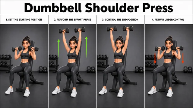 Dumbbell Shoulder Press exercise guide showing 3 movement steps using upright bench and dumbbell pair
