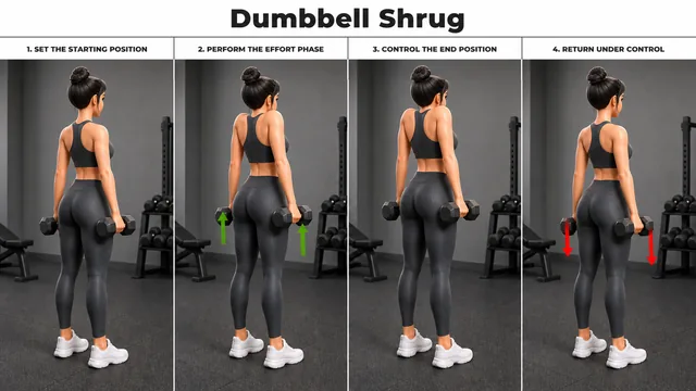 Dumbbell Shrug exercise guide showing 4 movement steps using dumbbell pair