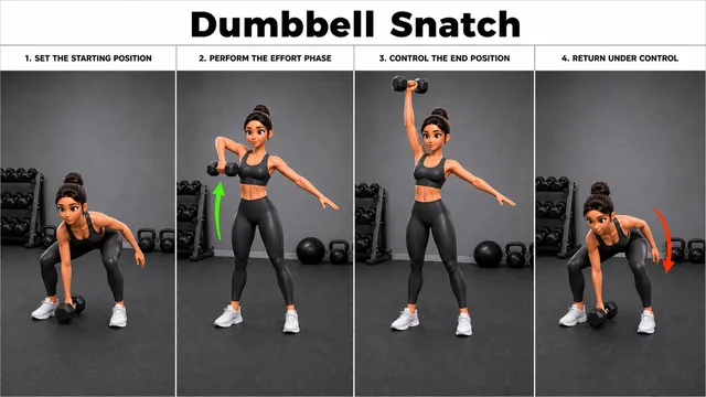 Dumbbell Snatch exercise image showing key movement positions with single dumbbell