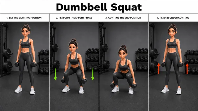 Dumbbell Squat exercise guide showing 4 movement steps using dumbbell pair