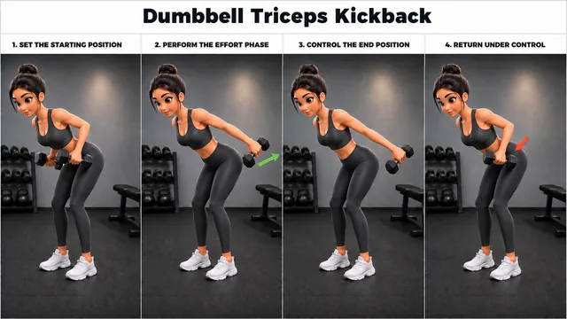 Dumbbell Triceps Kickback exercise guide showing 4 movement steps using dumbbell pair