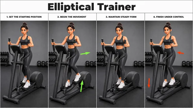 Elliptical Trainer exercise image showing key movement positions with elliptical trainer