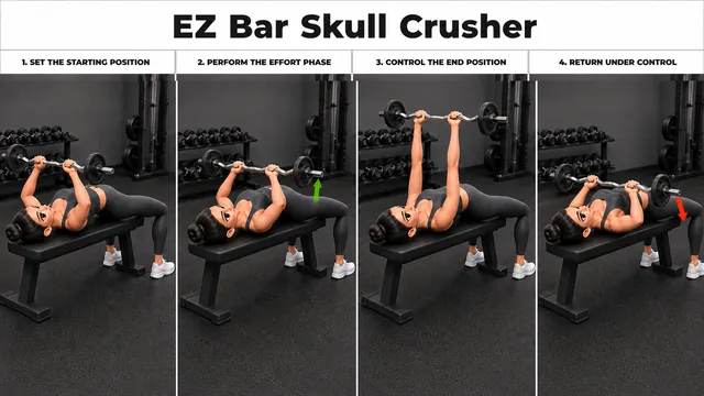 EZ Bar Skull Crusher exercise guide showing 4 movement steps using EZ curl bar and flat bench