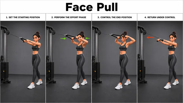 Face Pull exercise guide showing 3 movement steps using cable machine and rope