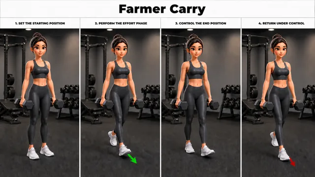 Farmer Carry exercise guide showing 4 movement steps using dumbbell pair