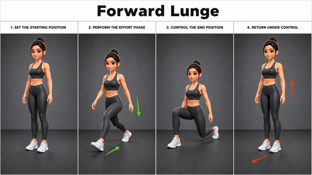 Forward Lunge exercise guide showing 4 movement steps