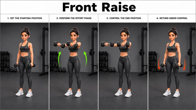 Front Raise exercise guide showing 3 movement steps using dumbbell pair