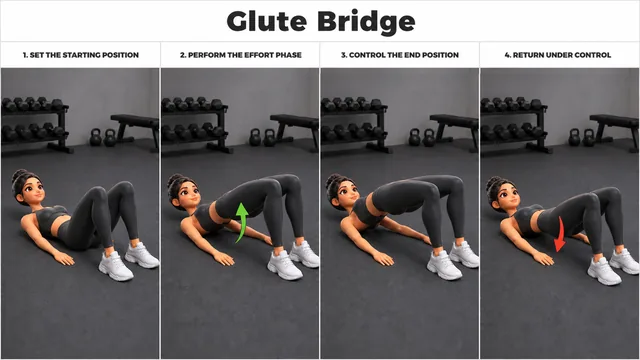 Glute Bridge exercise guide showing 4 movement steps