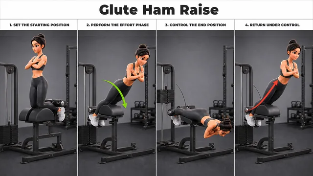 Glute Ham Raise exercise guide showing 4 movement steps using GHD machine