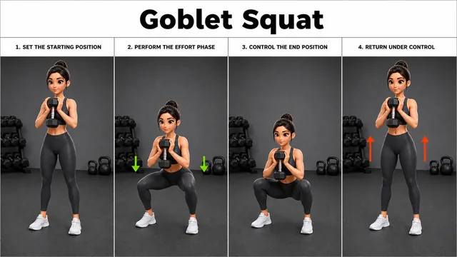 Goblet Squat exercise guide showing 4 movement steps using dumbbell