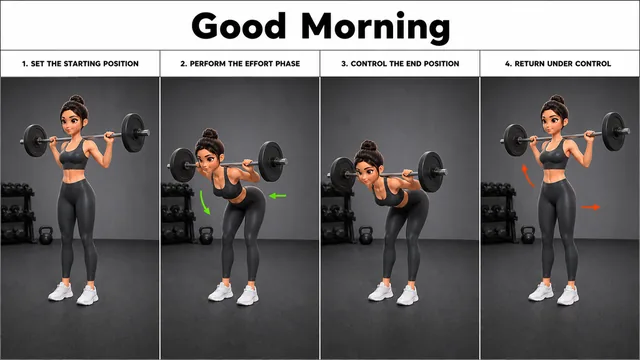 Good Morning exercise guide showing 3 movement steps using barbell