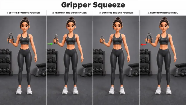 Gripper Squeeze exercise guide showing 4 movement steps using hand gripper