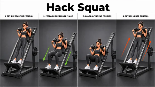 Hack Squat exercise guide showing 4 movement steps using hack squat machine