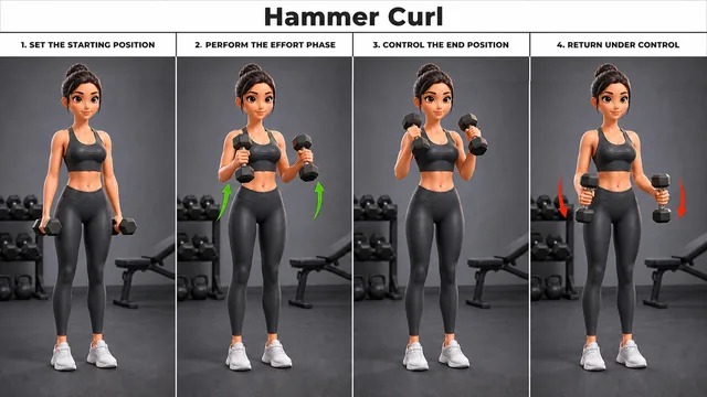 Hammer Curl exercise guide showing 4 movement steps using dumbbell pair