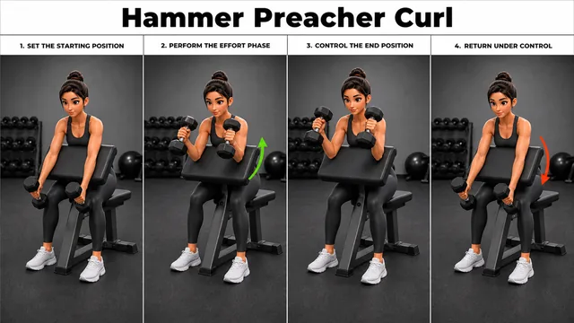 Hammer Preacher Curl exercise image showing key movement positions with preacher bench and dumbbell pair
