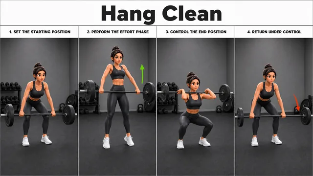 Hang Clean exercise image showing key movement positions with barbell