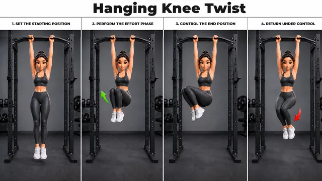 Hanging Knee Twist exercise guide showing 4 movement steps using pull-up station