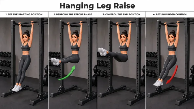 Hanging Leg Raise exercise guide showing 4 movement steps using pull-up station