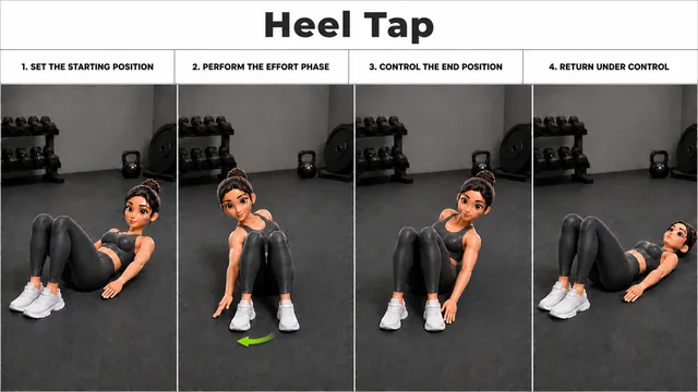 Heel Tap exercise guide showing 4 movement steps