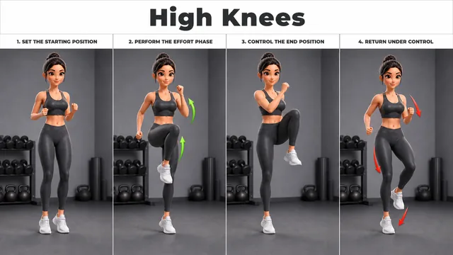High Knees exercise guide showing 4 movement steps