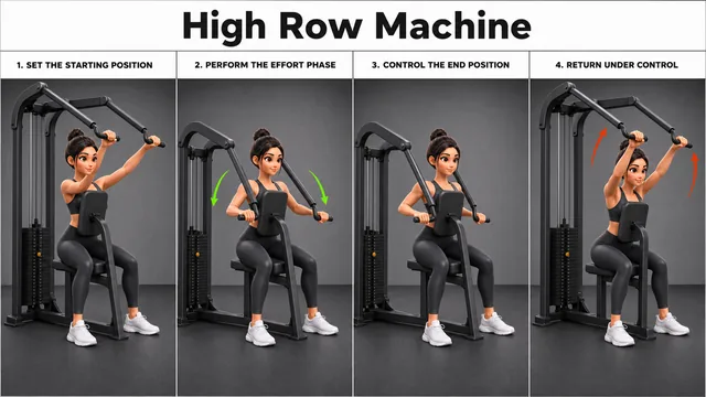 High Row Machine exercise guide showing 3 movement steps using high row machine