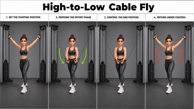 High-to-Low Cable Fly exercise guide showing 3 movement steps using dual cable machine and D-handles