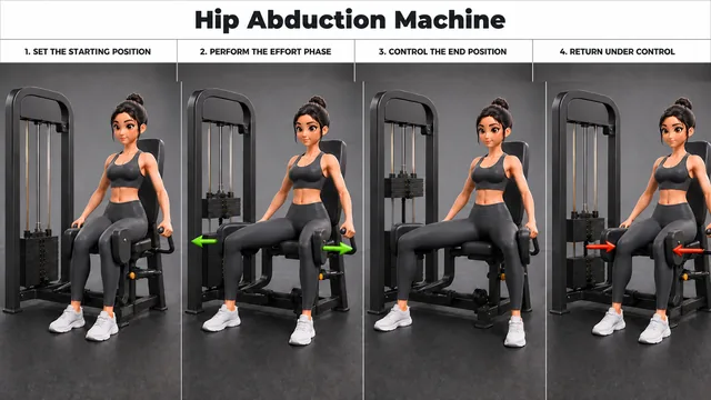 Hip Abduction Machine exercise guide showing 4 movement steps using hip abduction machine