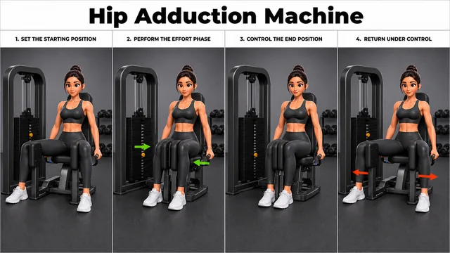 Hip Adduction Machine exercise image showing key movement positions with hip adduction machine