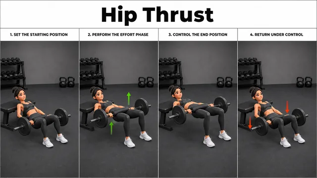 Hip Thrust exercise guide showing 4 movement steps using barbell and flat bench