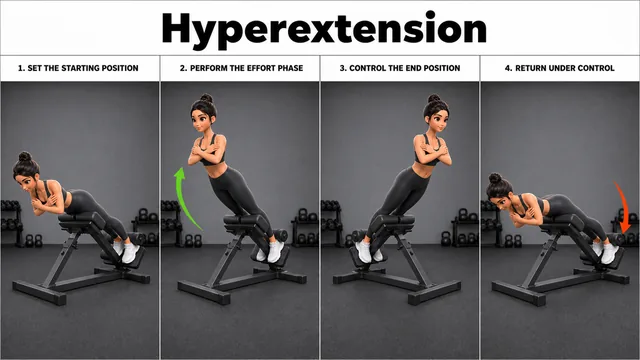 Hyperextension exercise guide showing 3 movement steps using horizontal Roman chair