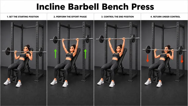 Incline Barbell Bench Press exercise guide showing 3 movement steps using incline bench and barbell
