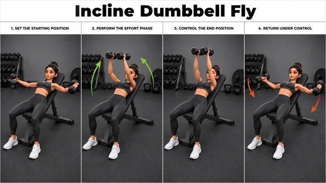 Incline Dumbbell Fly exercise image showing key movement positions with incline bench and dumbbell pair
