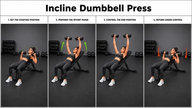 Incline Dumbbell Press exercise guide showing 3 movement steps using incline bench and dumbbell pair