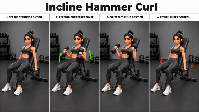 Incline Hammer Curl exercise image showing key movement positions