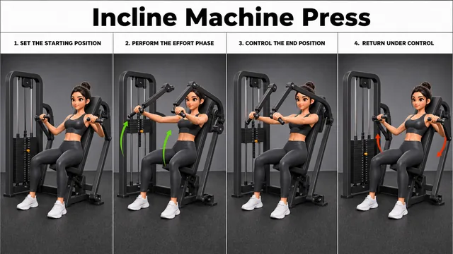 Incline Machine Press exercise guide showing 3 movement steps using incline chest press machine