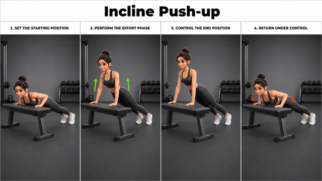 Incline Push-up exercise guide showing 3 movement steps using stable elevated surface