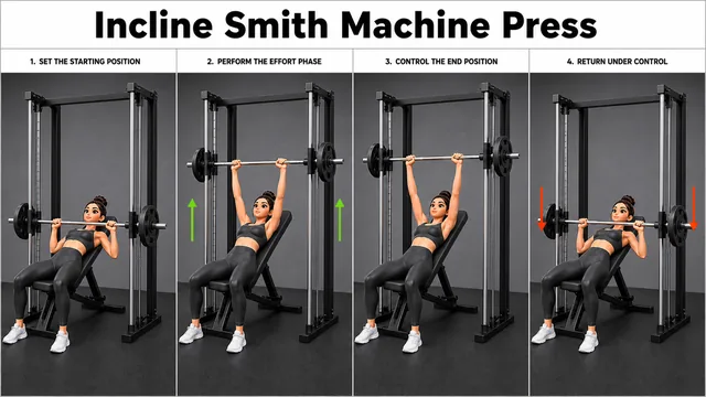 Incline Smith Machine Press exercise guide showing 3 movement steps using incline bench and Smith machine