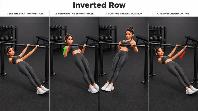 Inverted Row exercise guide showing 4 movement steps using low fixed bar