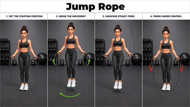 Jump Rope exercise image showing key movement positions with jump rope