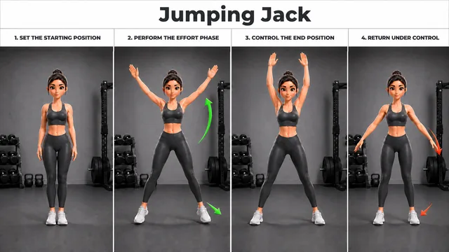 Jumping Jack exercise guide showing 4 movement steps