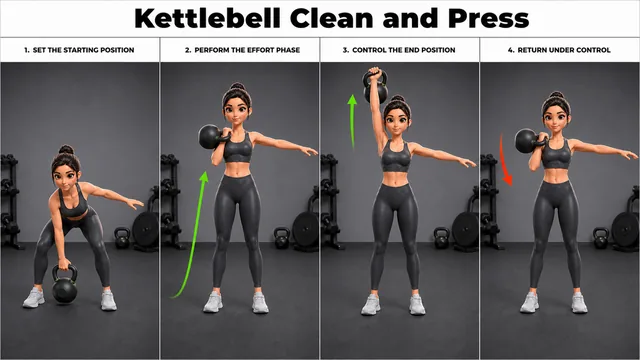 Kettlebell Clean and Press exercise image showing key movement positions with kettlebell