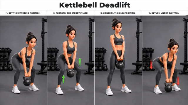 Kettlebell Deadlift exercise guide showing 4 movement steps using kettlebell
