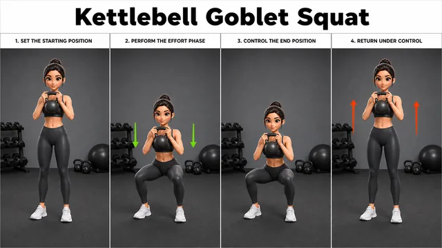 Kettlebell Goblet Squat exercise guide showing 4 movement steps using kettlebell