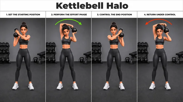 Kettlebell Halo exercise image showing key movement positions with kettlebell