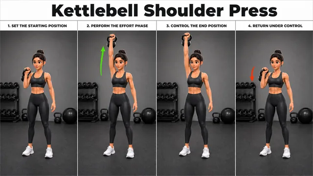Kettlebell Shoulder Press exercise image showing key movement positions with kettlebell
