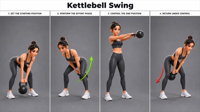 Kettlebell Swing exercise guide showing 4 movement steps using kettlebell