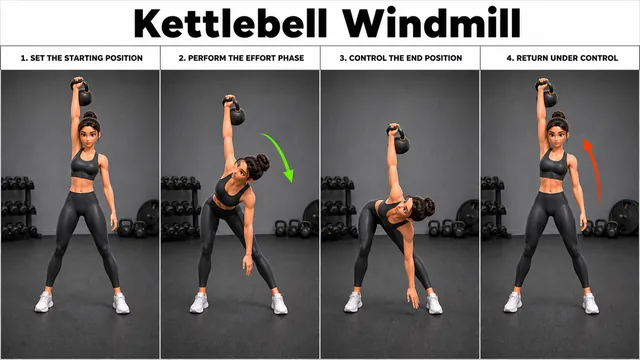 Kettlebell Windmill exercise image showing key movement positions with kettlebell