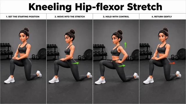 Kneeling Hip-flexor Stretch exercise image showing key movement positions