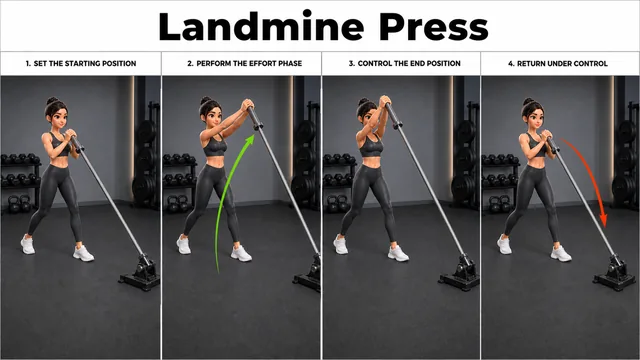 Landmine Press exercise guide showing 3 movement steps using landmine barbell
